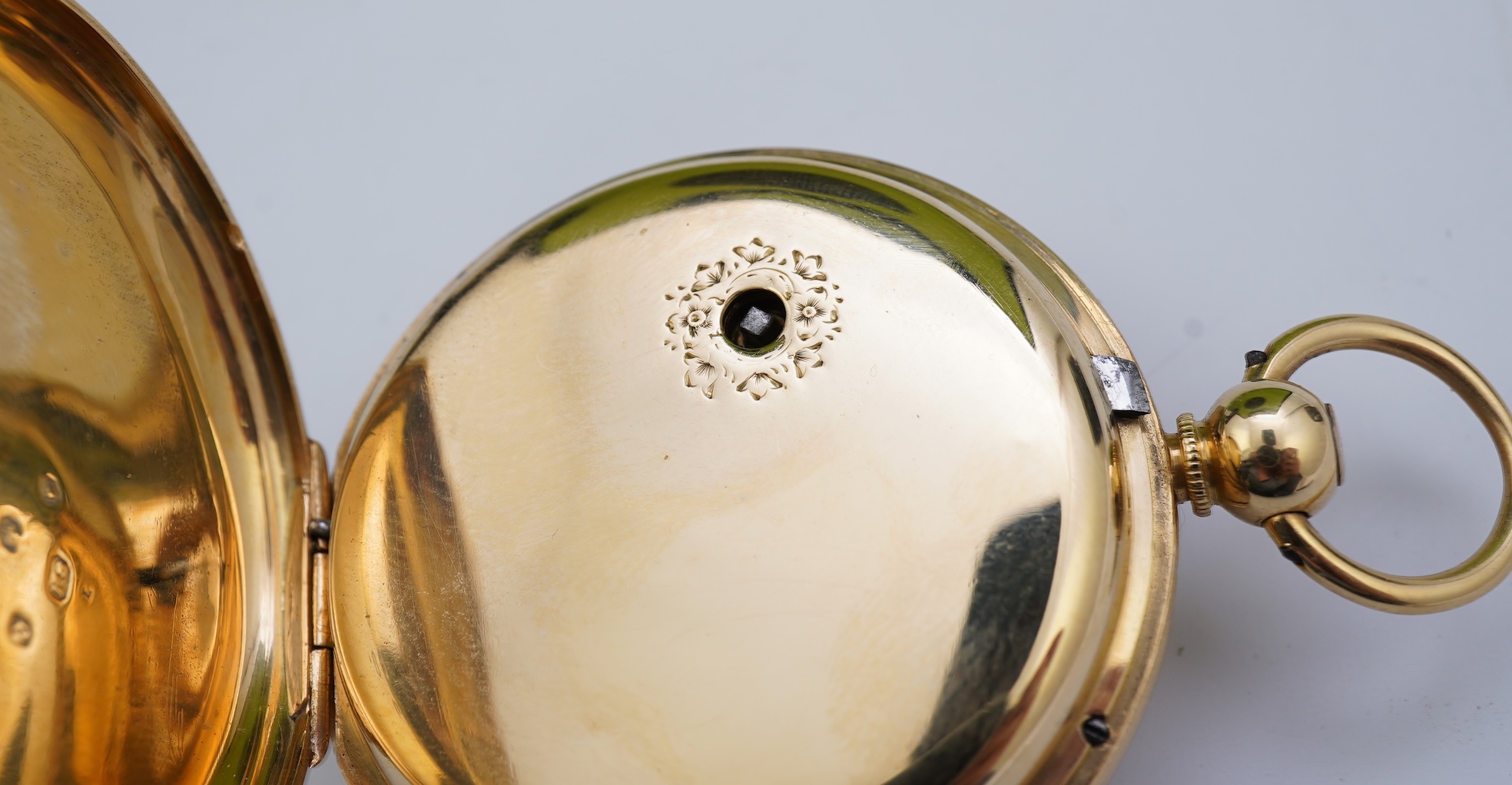 A Victorian engraved 18ct gold open faced key wind pocket watch